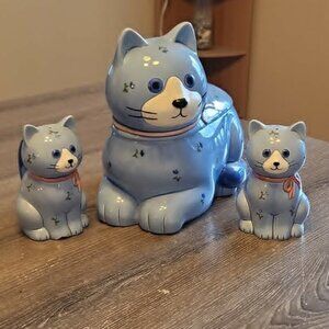Vintage Otagiri Blue Kitty Cat Cookie Jar, Salt and Peper